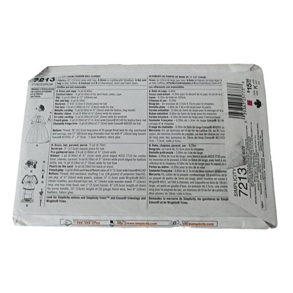 Simplicity 7213 Sewing Pattern Barbie Historical Dress Pattern Fashion Doll Gown - Picture 2 of 4